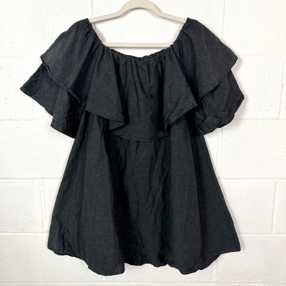 Alphabe The Label 100% Linen Mini Dress (Tunic) Gray Ruffle Lagenlook Peasant 6